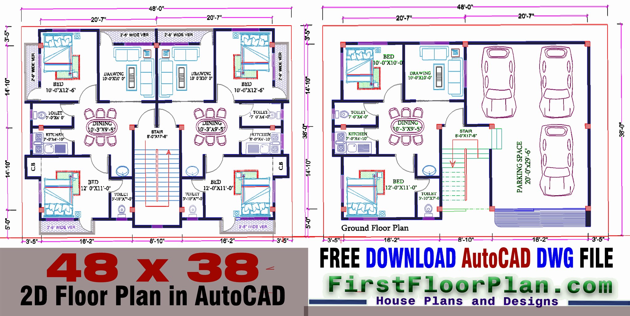 2D Floor Plan in AutoCAD with Dimensions | 38 x 48 | DWG and PDF File Free  Download - First Floor Plan - House Plans and Designs