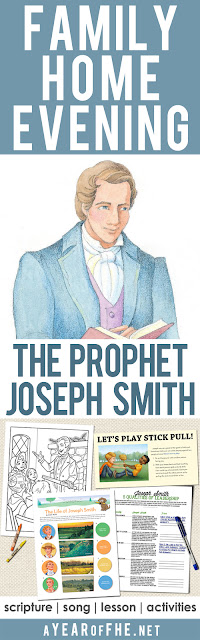A Year of FHE // a free Family Home Evening lesson about the Prophet Joseph Smith and the First Vision.  Includes a scripture, song, object lesson, lesson, and activites for small kids, older kids, teens, and a game for the entrei family! #lds #familyhomevening #josephsmith