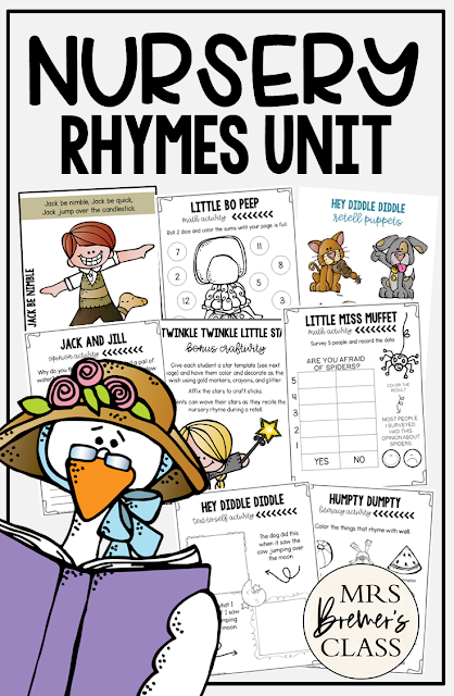 Nursery Rhymes activities unit for Kindergarten with literacy and math Common Core aligned companion activities