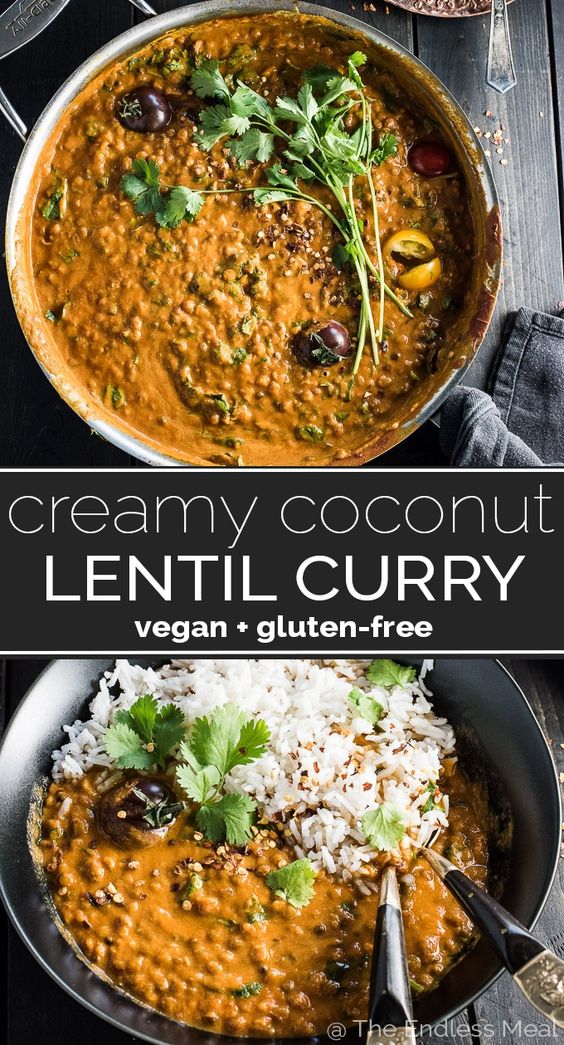 This easy to make Creamy Coconut Lentil Curry is a healthy vegan recipe that makes a perfect Meatless Monday dinner recipe. It takes less than an hour (mostly hands-off time) to make and is packed full of delicious Indian flavors. Make extras and you'll have a giant smile on your face at lunch the next day. | vegan + gluten-free | ✨ If you love this Creamy Coconut Lentil Curry as much as I do, make sure to give it a 5-star review in the comments below!