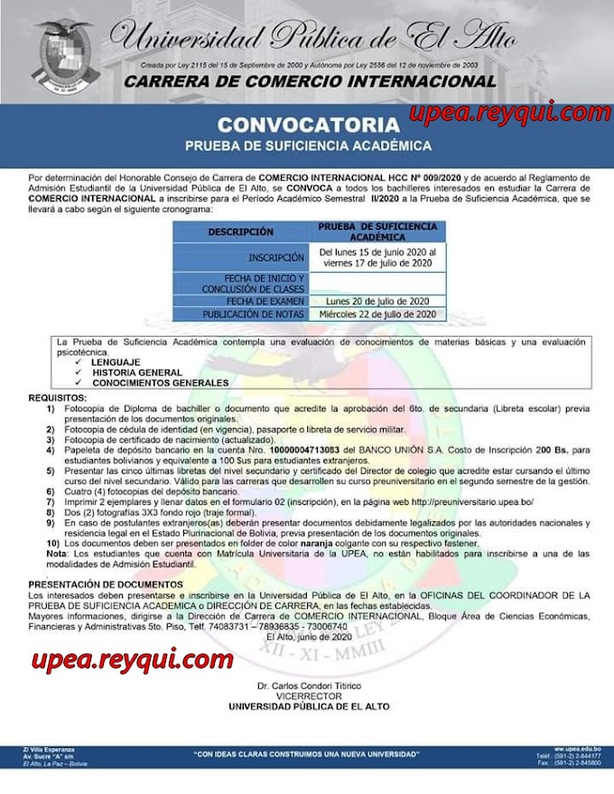 Comercio Internacional UPEA II/2020: Convocatoria a la prueba de Suficiencia Académica