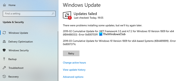 Windows 10 Update-fout 0x800703F1