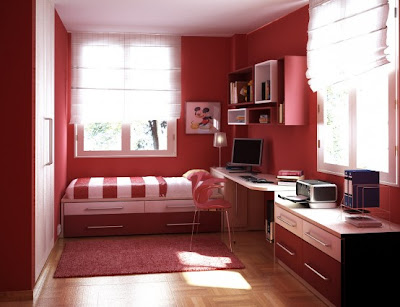 Cool Teen Red Dorm Room layout for guys