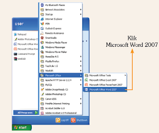 Tampilan pemanggilan MSWord menggunakan sistem operasi Windows XP melalui Start Menu.