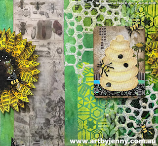 finished mixed media artwork by Jenny James featuring sunflowers, bees and their hive