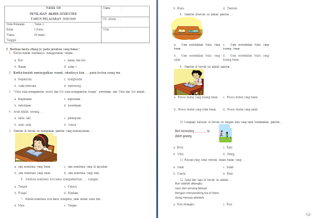 Soal Penilaian Akhir Semester (PAS) Kelas 1 SD/MI: Tema 2