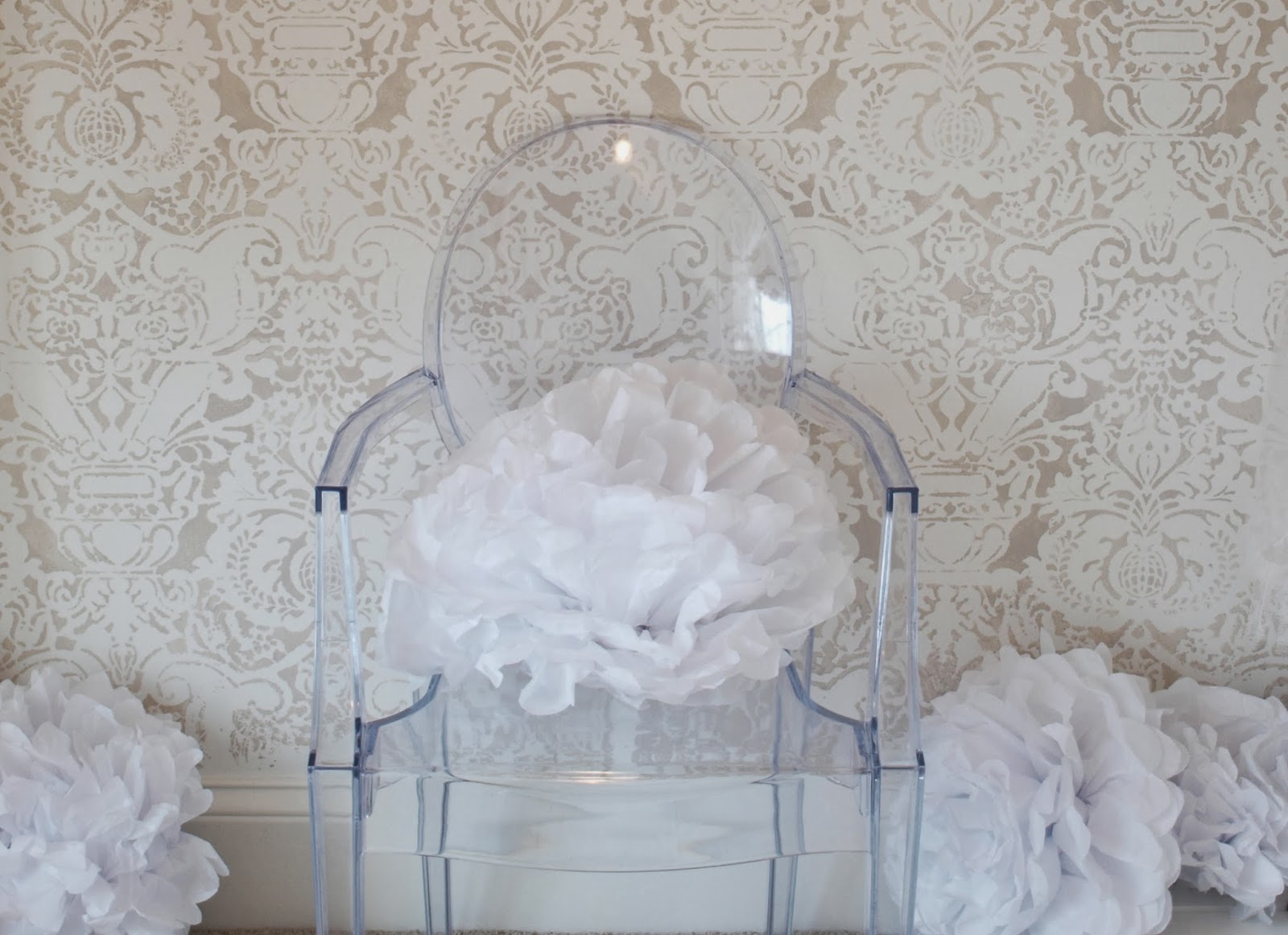 A feminine dressing room with dramatic stenciled statement wall. Fortuny stencil by Royal Design Studio was used in light grey over white. Hello Lovely Studio. #stenciledwall #interiordesign #stencil #shabbychic