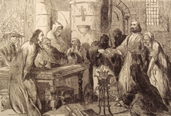 De Molay interrogado por un tribunal francés antes de ser quemado en la hoguera.