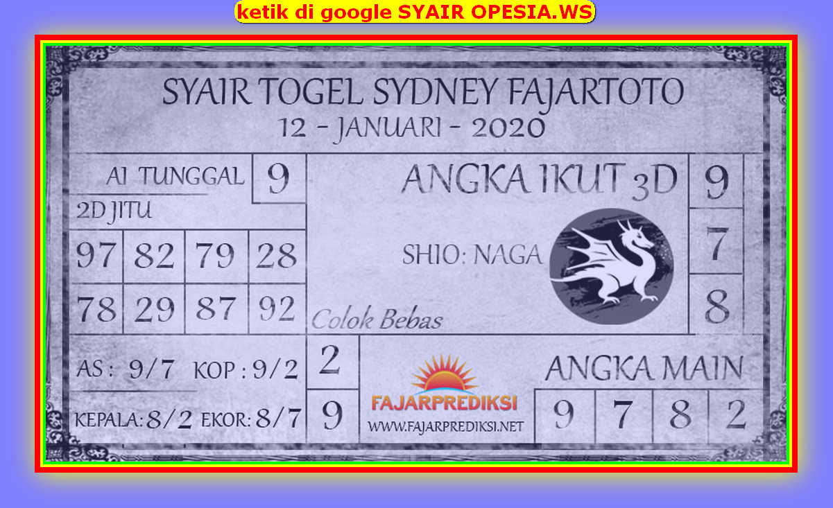 Kode Syair Sydney 12 Januari 2020 Forum Syair Togel Hongkong Singapura Sydney