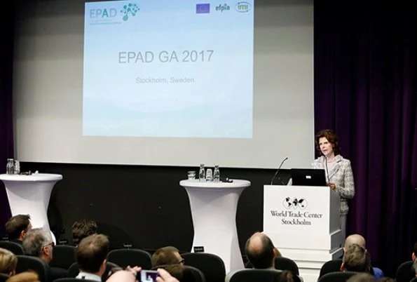 Queen Silvia of Sweden attend the meeting of the Alzheimer's Dementia Consortium General Assembly (EPAD) at the World Trade Center in Stockholm
