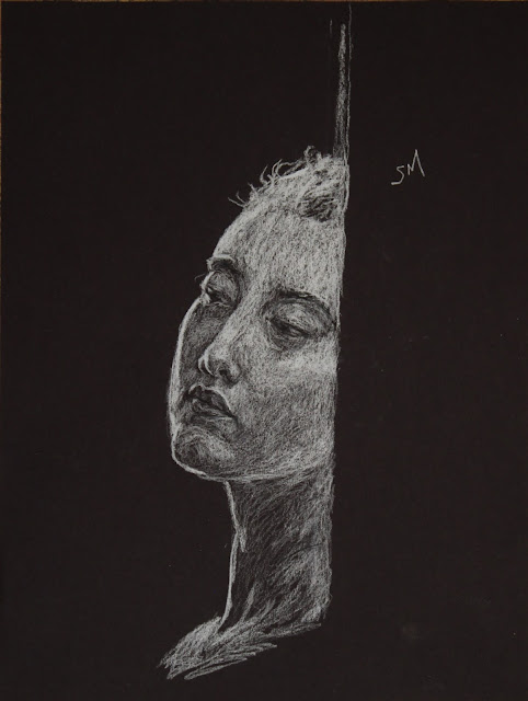 Face and Doorway, Sarah Myers face, head, sarah, myers, art, arte, drawing, sketch, dibujo, dessin, kunst, conte, charcoal, white, black, paper, dark, woman, doorway, expression, mouth, eyes, nose, bright, highlights, shading, glow, technique, pencil, artist, lines, design, figurative, contemporary, modern
