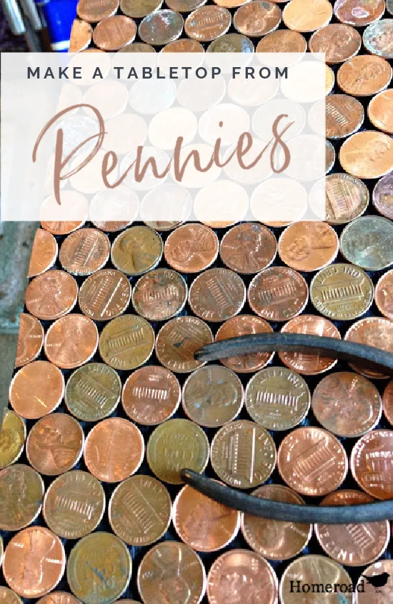 tabletop from pennies with Pinterest overlay