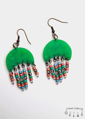 Boucles oreilles pâte polymère transparence verte assemblage Stenna Création Fimo