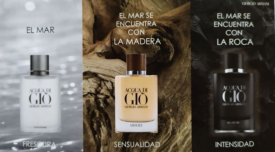 Tres versiones de Acqua di Gio para hombre de Giorgio Armani.