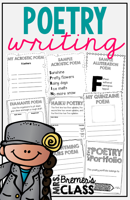 This poetry writing unit will introduce your students to 10 different types of poems. It offers writing templates, writing & illustration templates, and graphic organizers to help your students organize their thoughts along the way. Sample poems are included to further demonstrate each poem style. A portfolio cover page is included! #poetry #poetryunit #poetrywriting #1stgrade #2ndgrade #3rdgrade #writing #writingunit #1stgradewriting #2ndgradewriting #3rdgradewriting #writingcenter