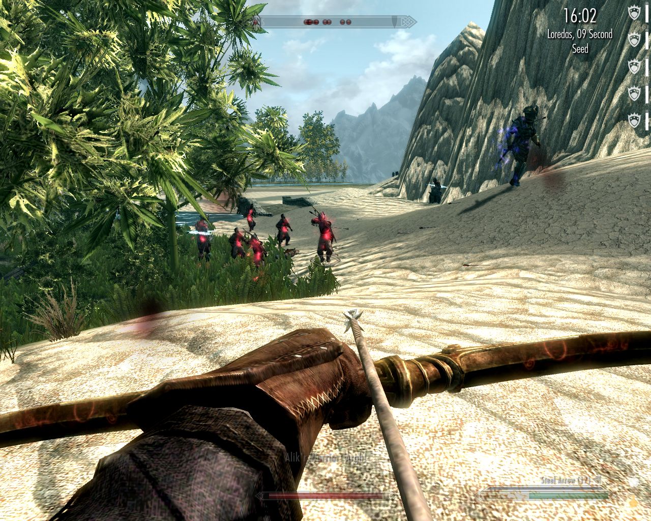 protagonist aiming bow at a large group of hostile people chasing an escaping thalmor up a sandy slope