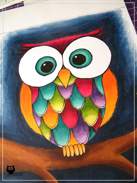 Colorful Cluttered Desk (Handgemacht): Eule - Zeichnung