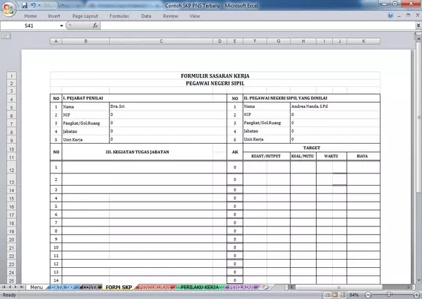 Contoh SKP untuk PNS Terbaru Format Microsoft Excel
