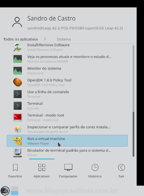 Menu do KDE exibindo o atalho do VMware Player na categoria "Sistema"