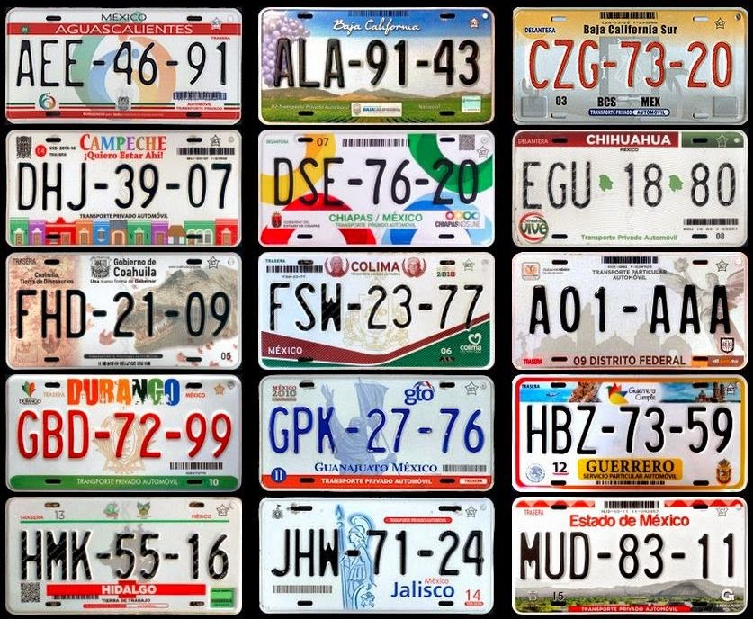 triple Planificado Fuera Placas de Autos de México y otras COS-999-AS: Alfabeto de placas por Estado  (todos los estados de México)