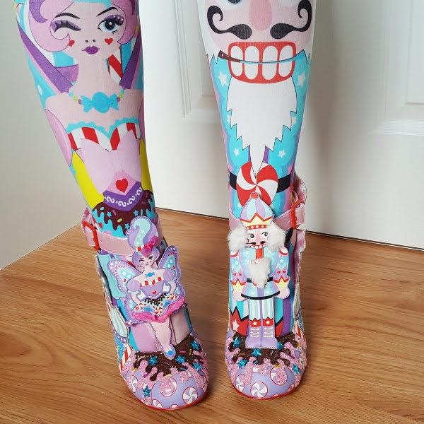 wearing nutcracker themed tights and shoes from Christmas 2020 Irregular Choice collection
