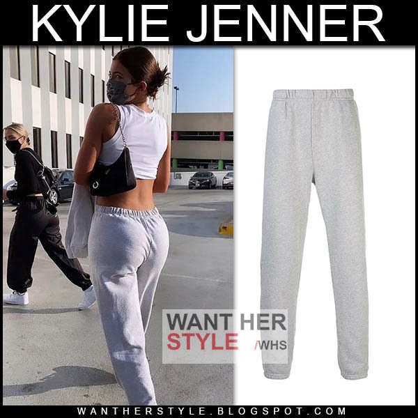 Kylie Jenner in grey sweatpants and white crop top on October 7