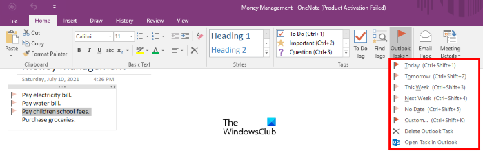 hacer tareas de Outlook en onenote