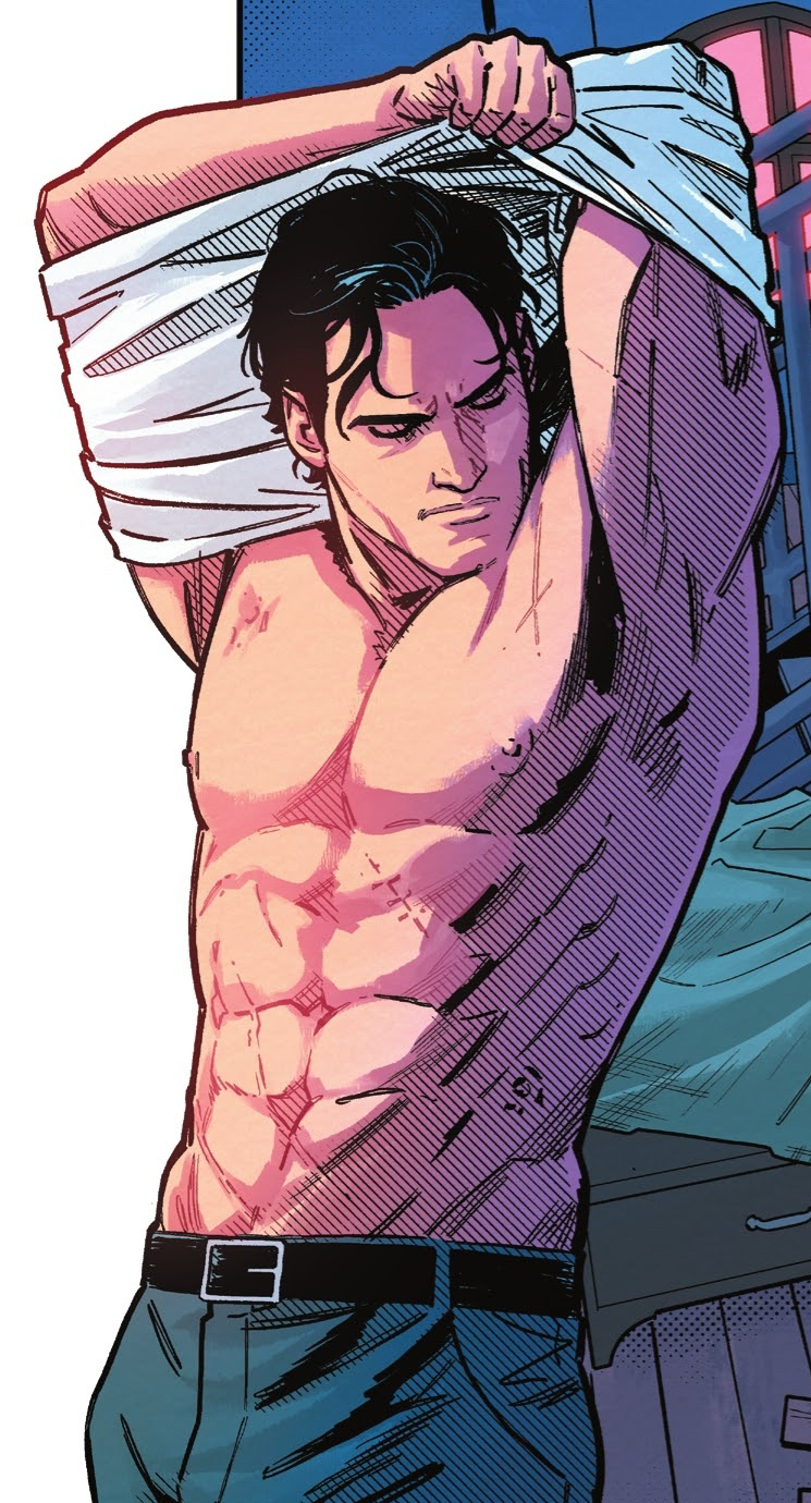 Shirtless Dick Grayson Suits up as Nightwing.