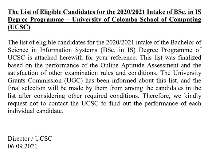  UCSC Colombo University Aptitude Test Results 2021 Pass List 