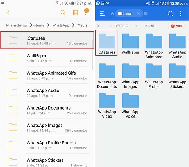 carpeta .Statuses en whatsapp