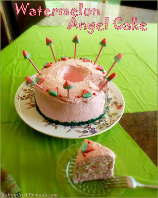 Infused with watermelon flavor this dressed up Watermelon Angel Cake is prefect for any summer occasion. | Recipe developed by www.BakingInATornado.com | #recipe #cake