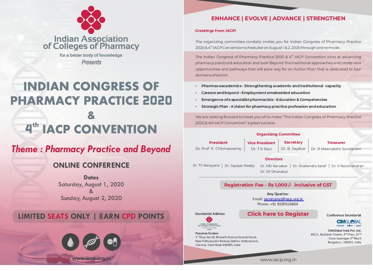 Pharm D Updates INDIAN CONGRESS OF PHARMACY PRACTICE 2020 & 4TH IACP