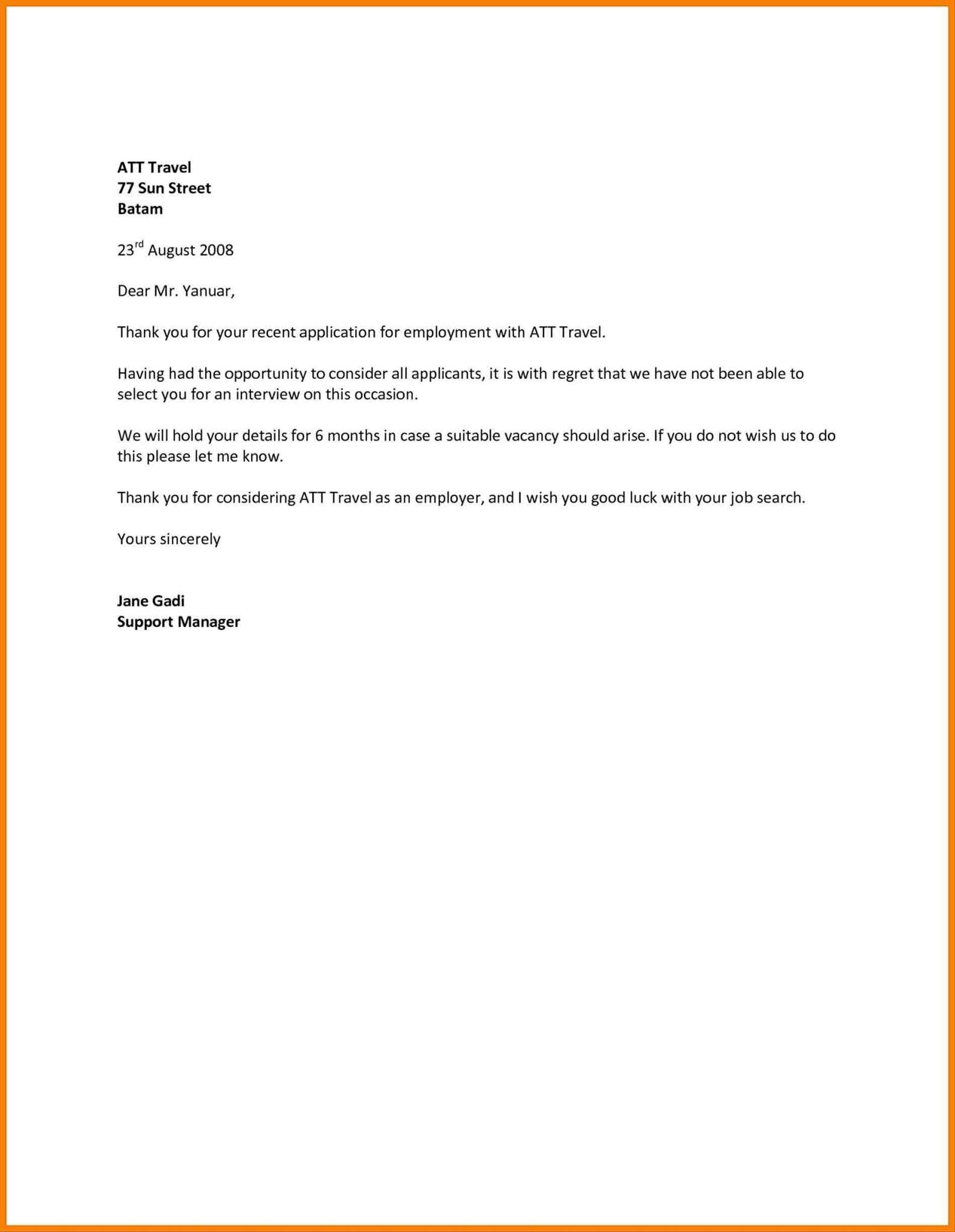Rejection Letter Template Resume Letter