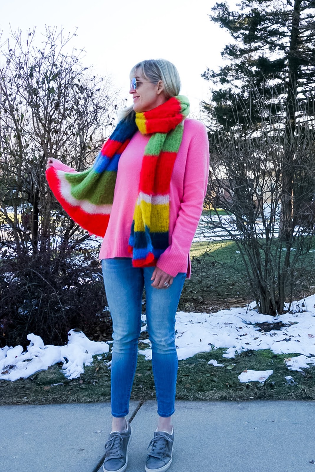 how to wear bright pink in winter