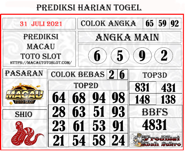 Prediksi Macau Toto Sabtu 31 Juli 2021 Prediksi Mbah Sukro Bocoran Togel Hk Sydney Rumus Jitu