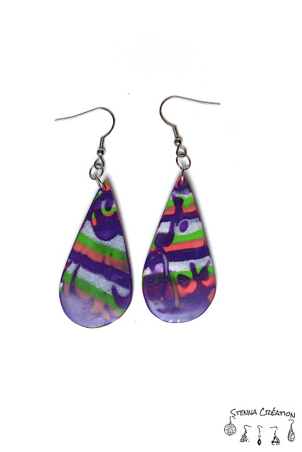 Boucles d'oreilles pâte polymère rayures violet vert corail argent Cernit Fimo Stenna Création