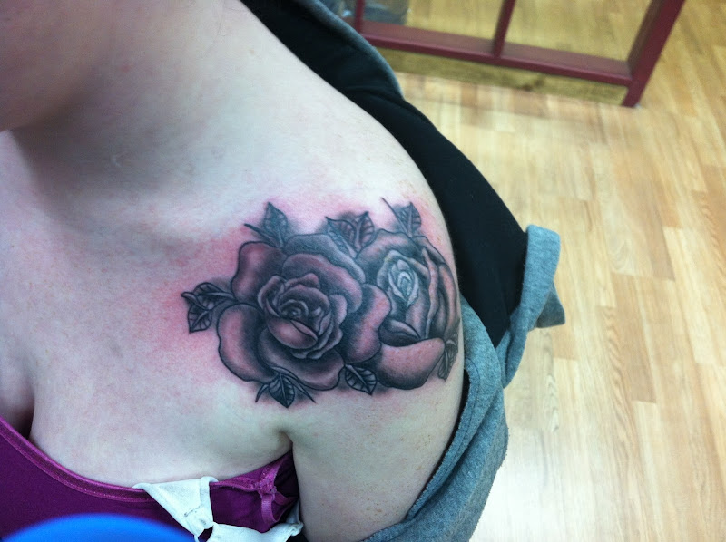 cute girly sexy feminine shoulder rose tattoos by david meek tattoos  title=