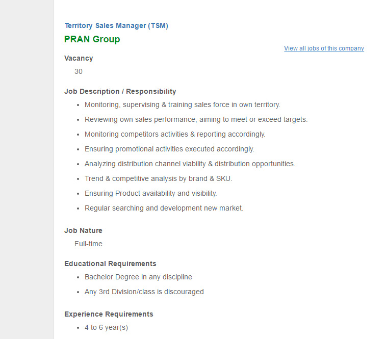 pran group position territory sales manager tsm jobs territory sales manager job description