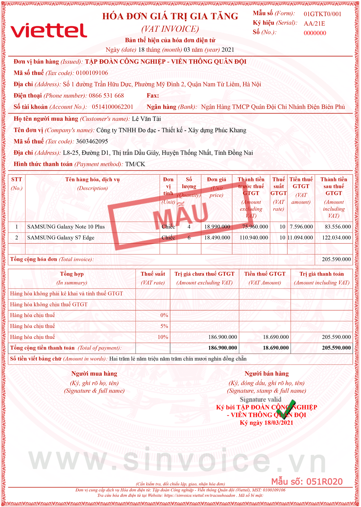 Mẫu hóa đơn điện tử số 051R020