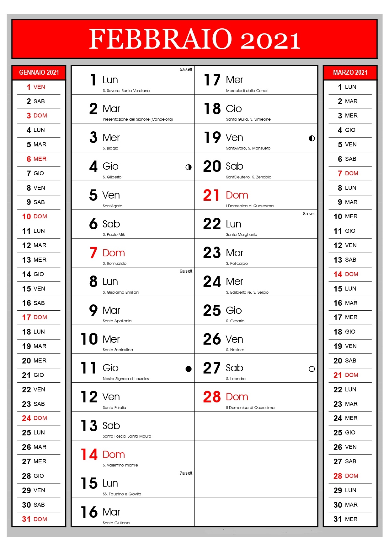 Calendario Febbraio 2025 Con Santi Calendario : Calendario mensile con santi e lune - Febbraio 2021