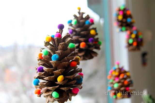 pom poms on pinecones