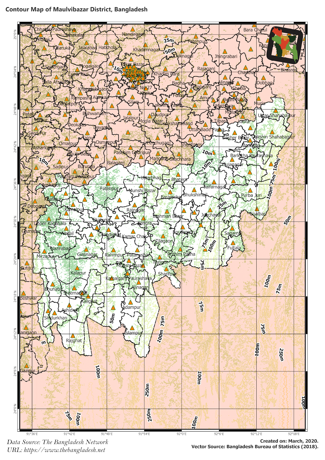 Elevation Map of Moulvibazar District of Bangladesh