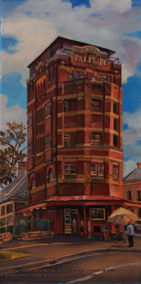 Plein air oil painting of the Hotel Palisade in Millers Point by landscape artist Jane Bennett