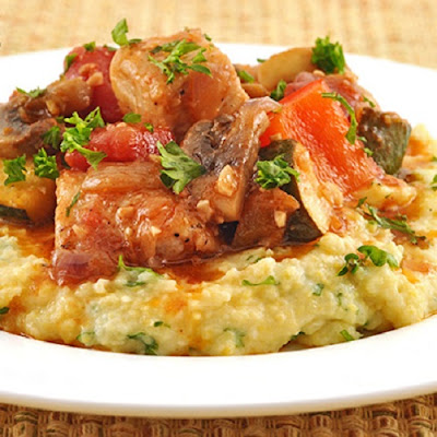 slow cooker chicken,mushroom,and tomato stew with polenta