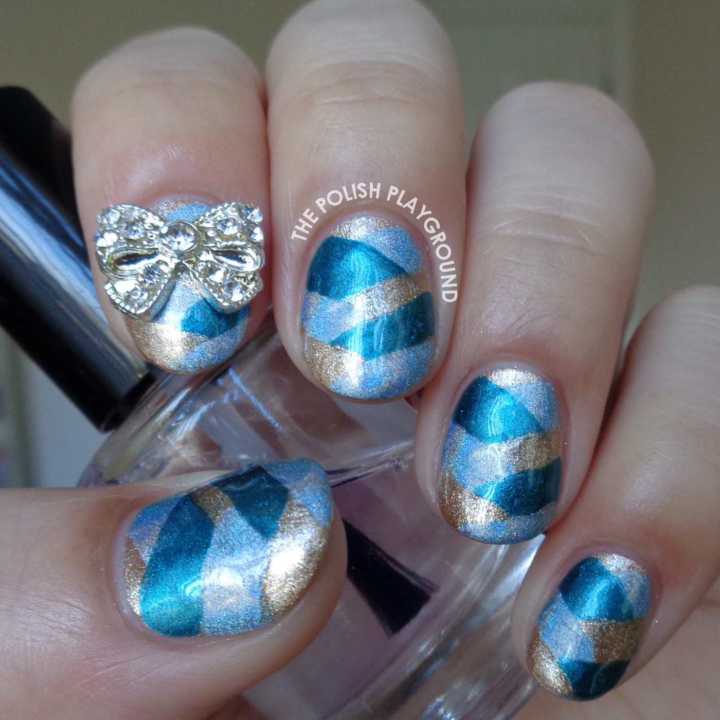 Blue and Gold Fishtail Braid with Bow Stud Accent Nail Art