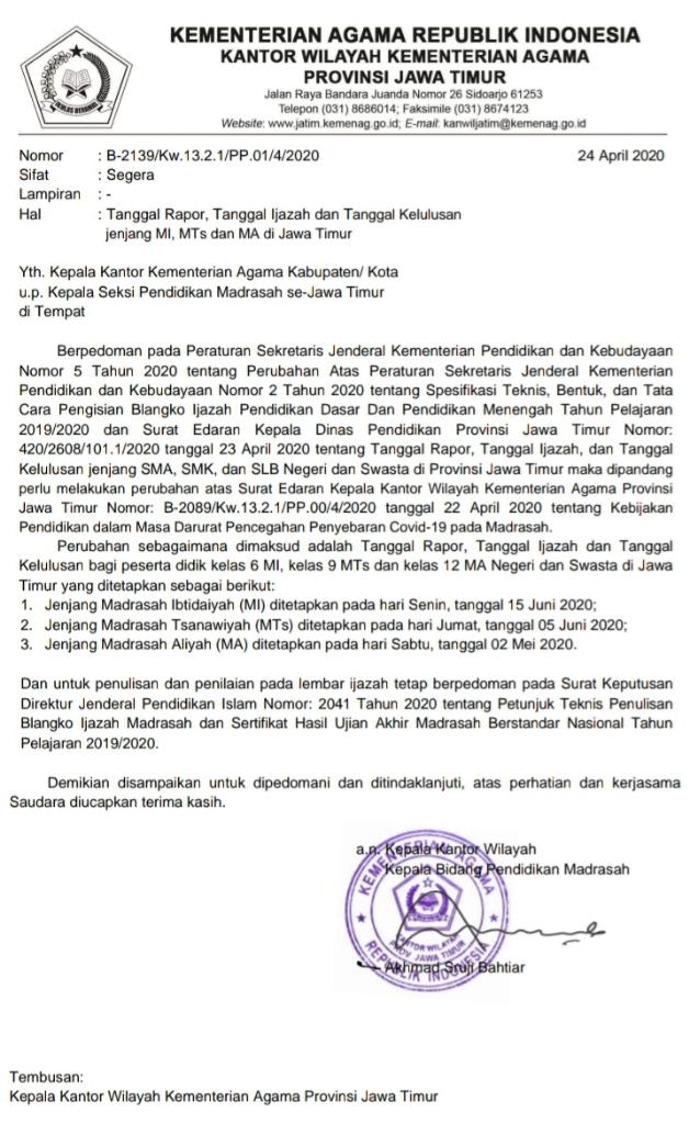 Surat Edaran Penulisan Tanggal Rapor Tanggal Ijazah Dan Tanggal Kelulusan Jenjang Mi Mts Dan Ma Di Jawa Timur Tahun 2020 Antapedia Com