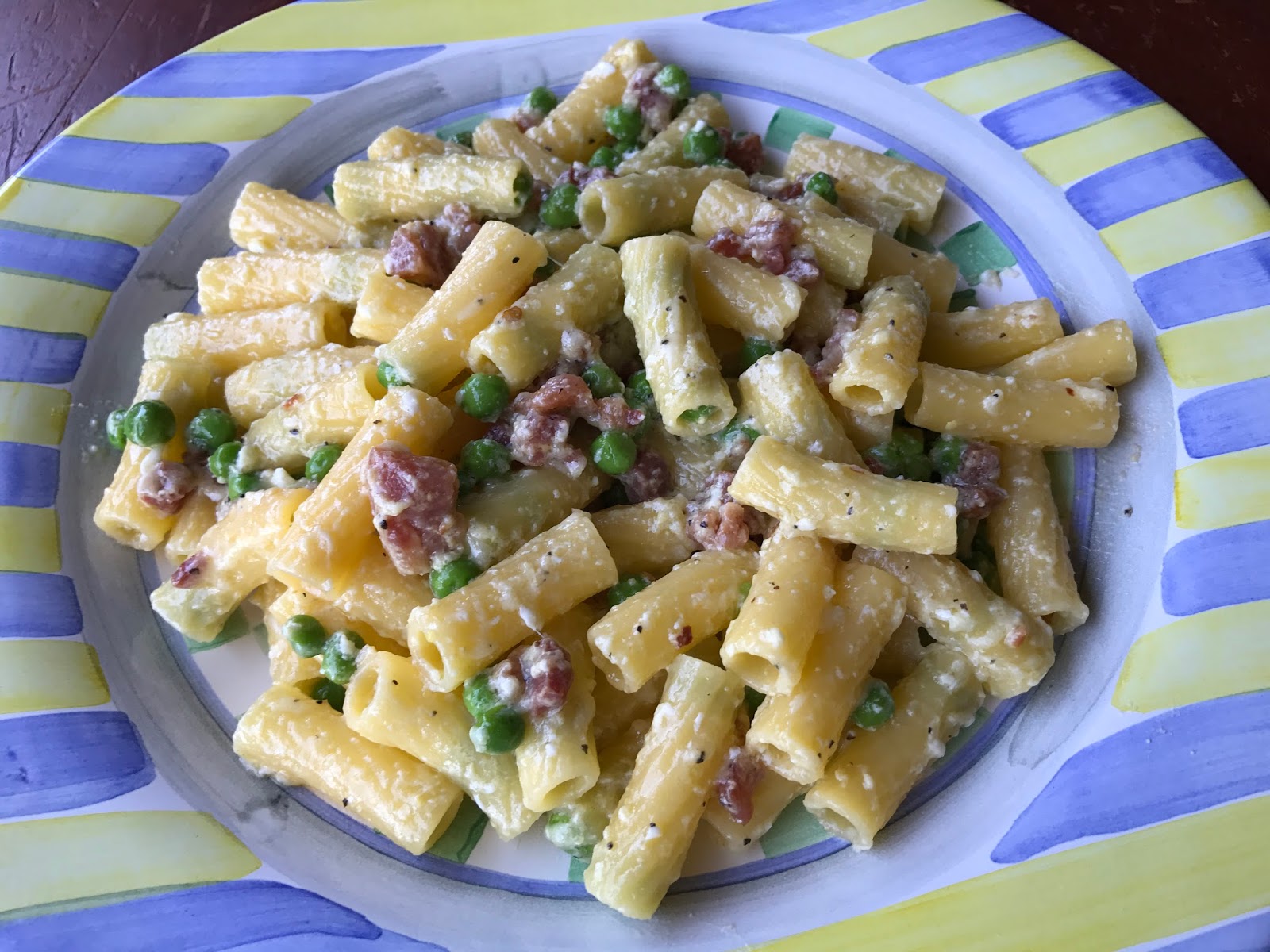 Alexis's Gluten Free Adventures Rigatoni Carbonara with Pancetta & Peas