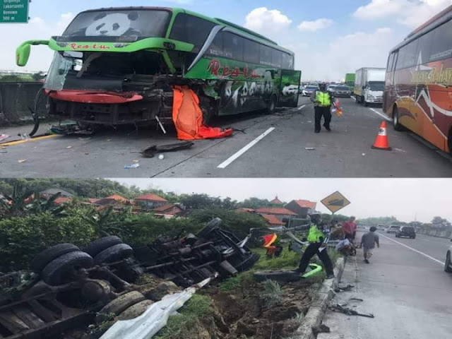 Bus Seruduk Truck Tronton, Seoang Penumpang Tewas Ditempat