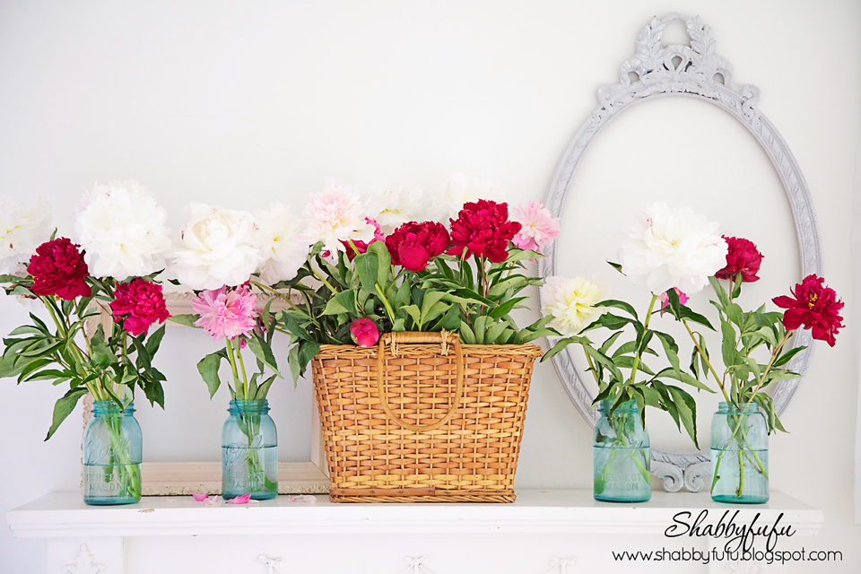 Simple Summer Mantel With Texture peonies wicker mason jars on a summer mantel