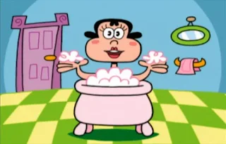 the bath lady Bubbles Martin sings Everybody Wash, about taking a bath. Sesame Street Elmo's World Bath Time TV Cartoon the Bathtime Channel